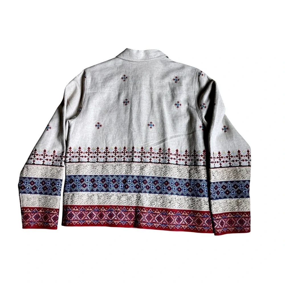 Linen Blend Embroidered‎ Lace Southwestern Jacket Cottagecore Beige Red Blue Med